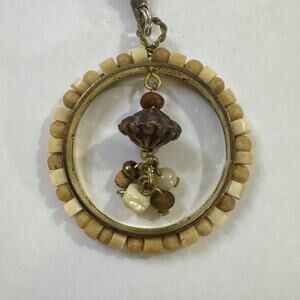 Boho Earth Tone Beaded 2” Pendant Necklace With Leather 7” Chain